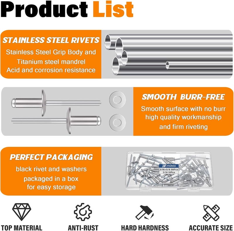 JTAREA 3/16" x 5/8" Stainless Steel Pop Rivets with Stainless Steel Washers 4.8 x 16mm Blind Rivet Assortment Kit (Pack of 60pcs) - Image 3